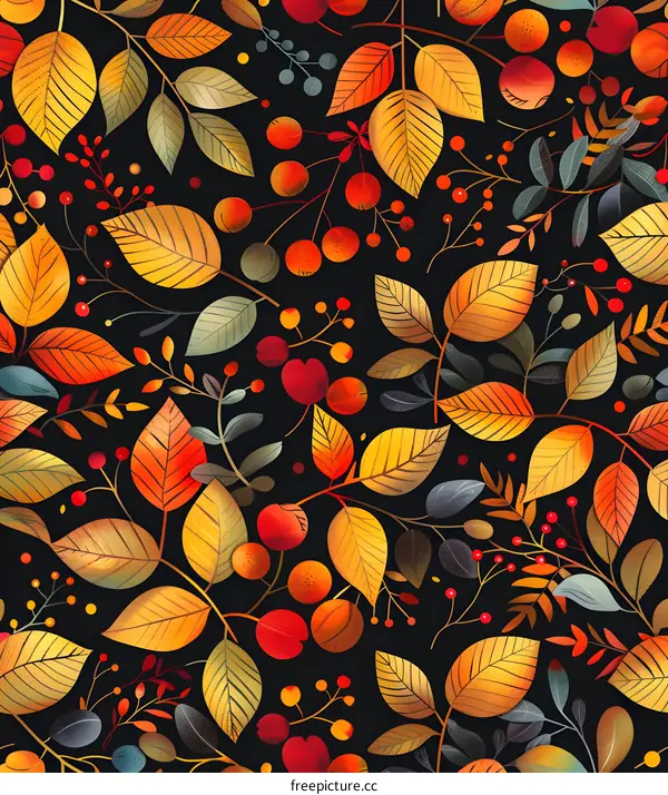 Autumn Leaves and Berries Seamless Pattern