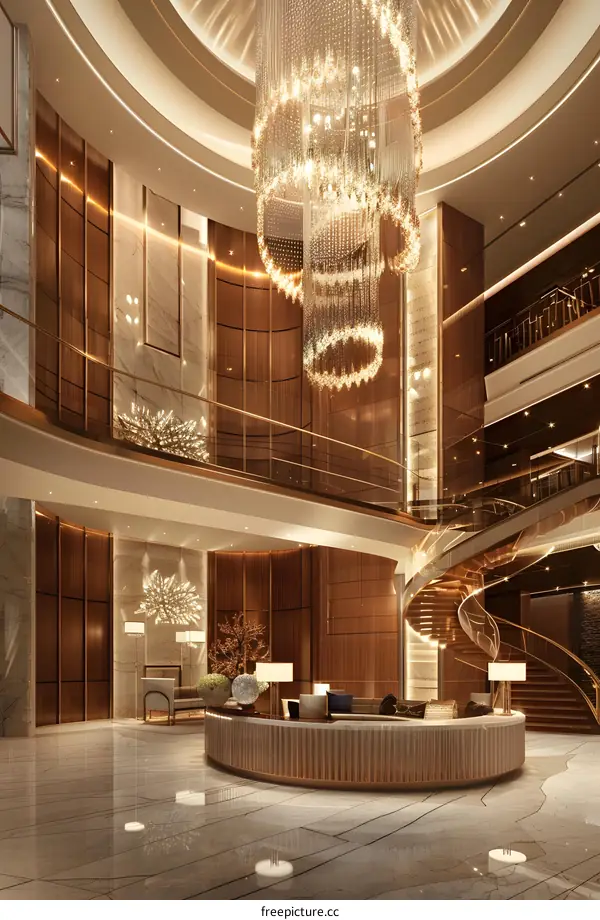 Modern Hotel Lobby Interior Design with Crystal Chandelier and Curved Staircase