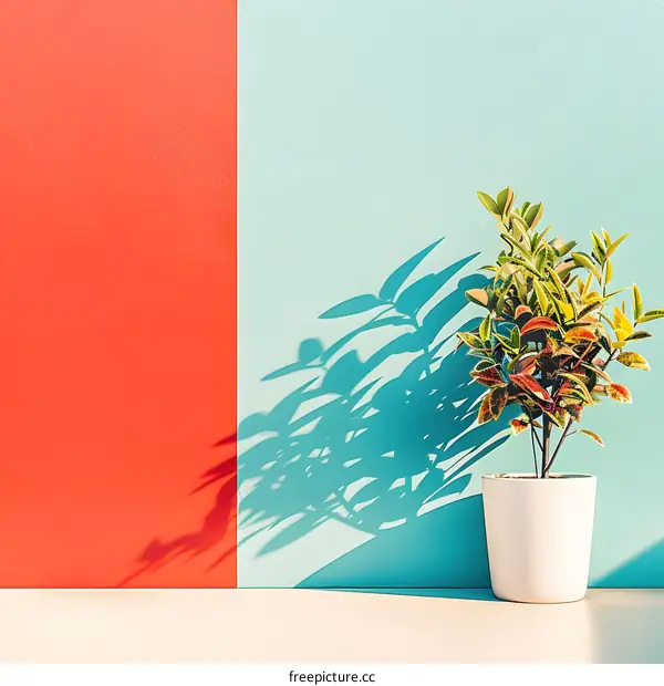 Green Plant with Pot on Colorful Wall Background