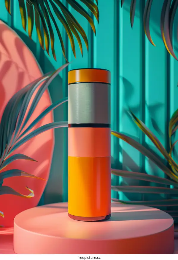 Colorful Container on Pink Pedestal with Tropical Plants