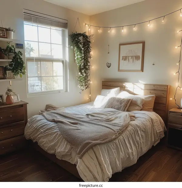 Cozy Bedroom with Fairy Lights and Plants