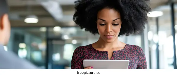 African American Woman Working On Tablet In Office