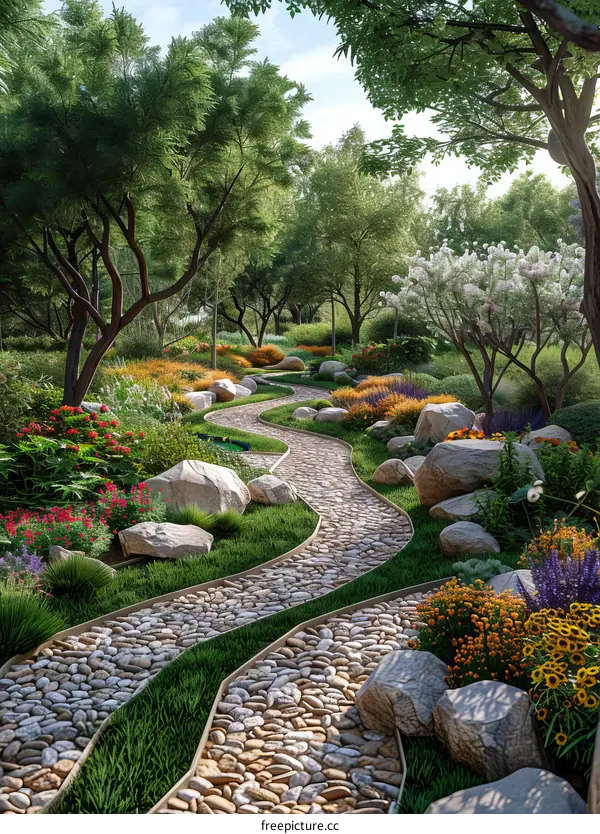 Stone Path through a Lush Garden