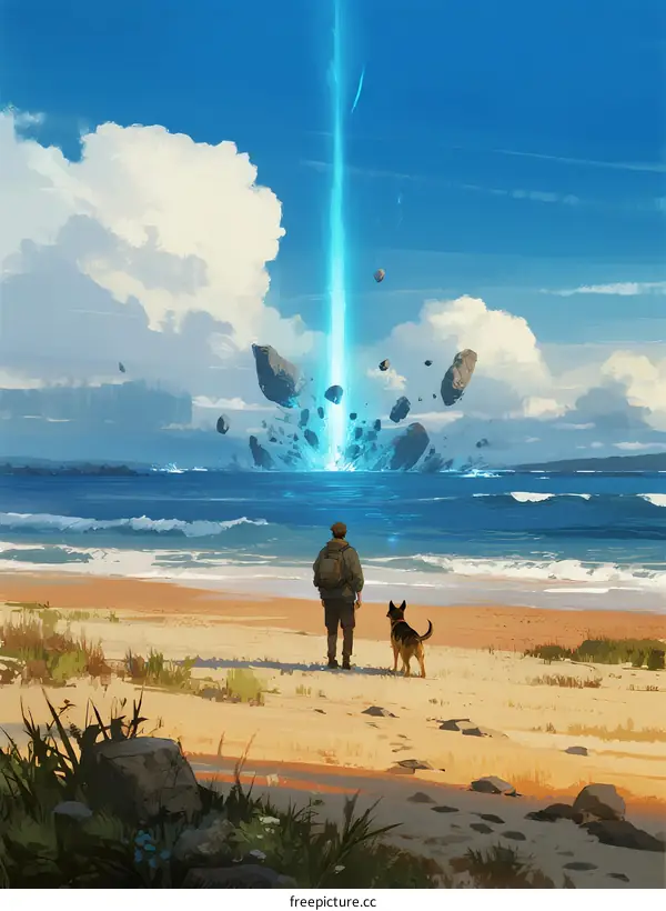 Man and Dog Observing Blue Beam from Beach