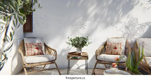 White Wall Patio With Wicker Chairs and Greenery