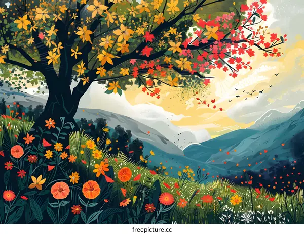 colorful flowers and plants in front of blue mountains