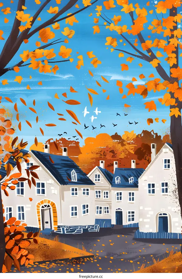Autumn Landscape with Houses and Falling Leaves