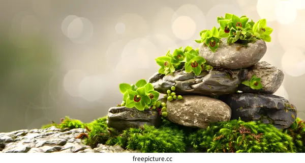 Green Flowers on Stacked Rocks with Moss