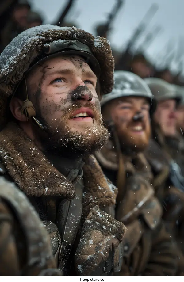 A soldier looks up during a World War II battle.