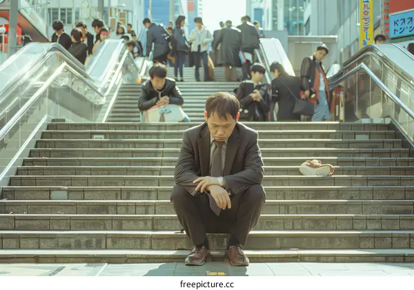 A businessman sits on the stairs looking down with a worried expression on his face