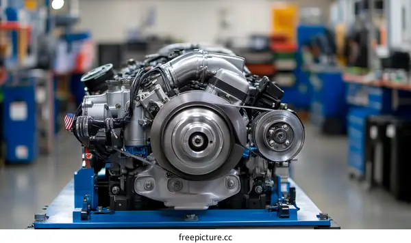 Large Industrial Engine Displayed in Workshop