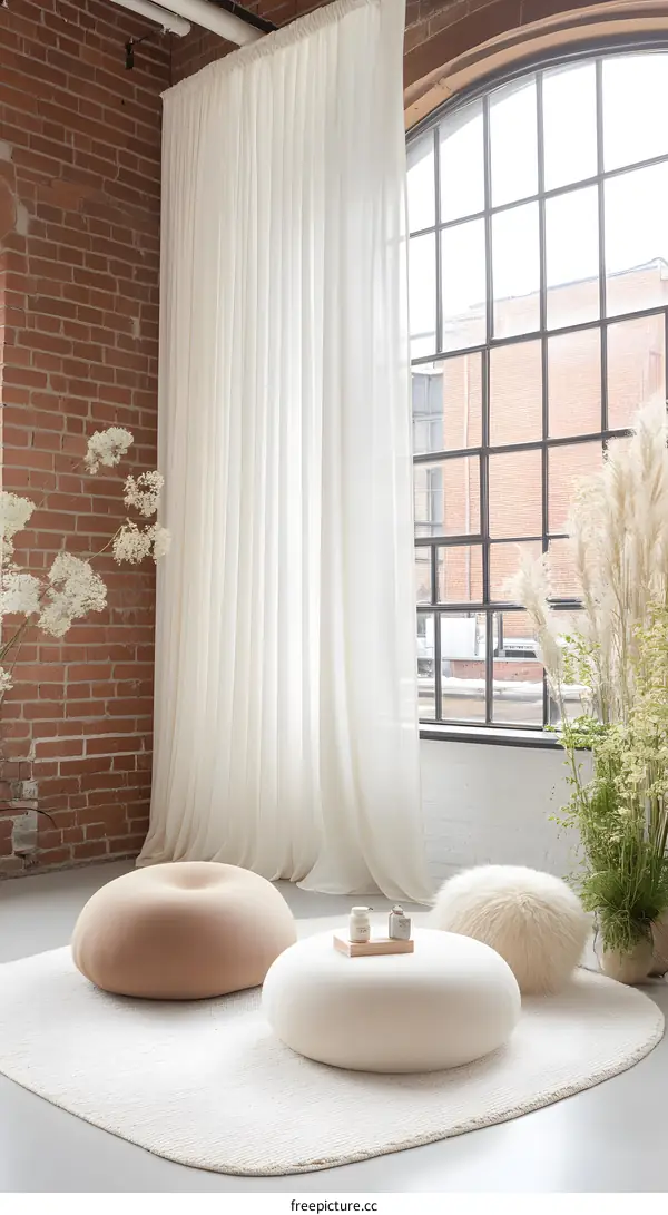 White Sheer Curtains Draped Over Large Window In Modern Loft