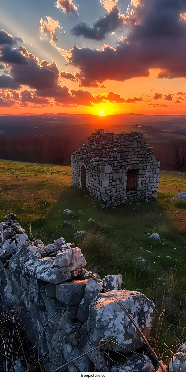 Sunset over an old stone house on a hill