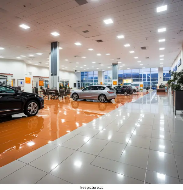 Car showroom interior with luxury cars on display