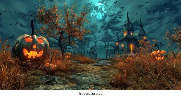 Spooky Halloween Night with Haunted House and Jack-o'-Lanterns