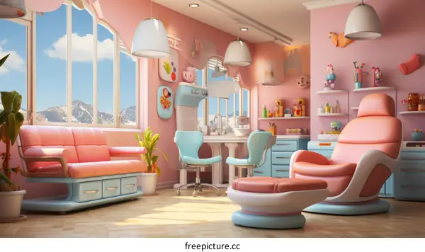 Cozy pink and blue themed child's dentist office