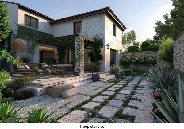 Modern Exterior Design of a Luxury Villa with Stone Pathway and Garden