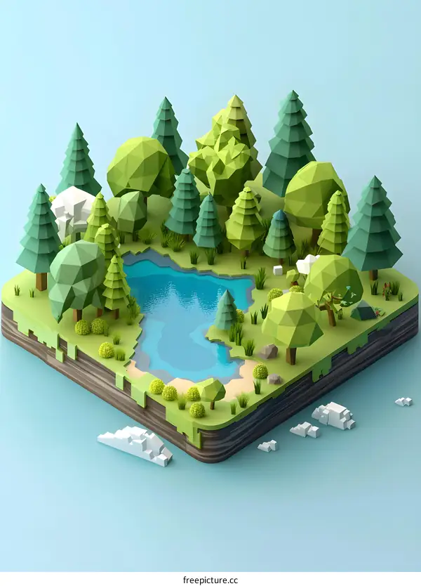 Low Poly Forest Scene with Lake and Clouds