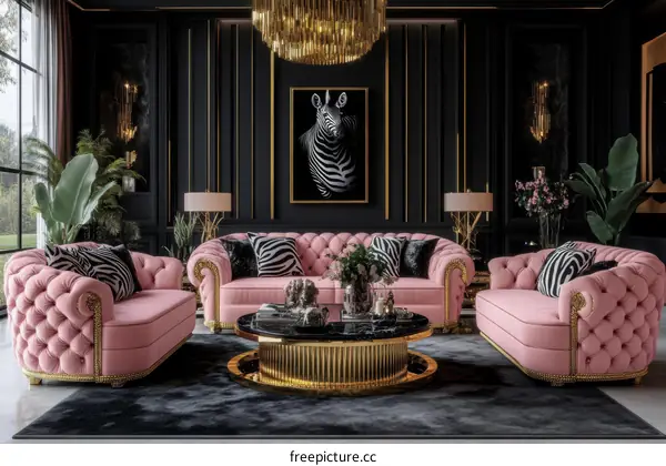 Pink Living Room Set with Zebra Print Accents