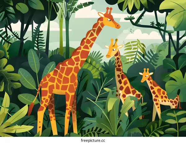 Three Giraffes in a Lush Green Forest Illustration