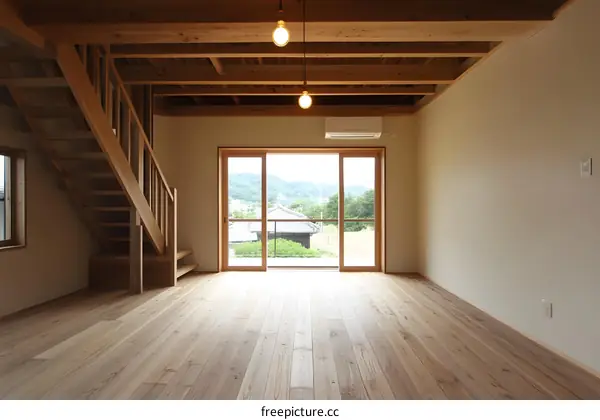 Modern Japanese Home Interior with Wooden Beams and Floor