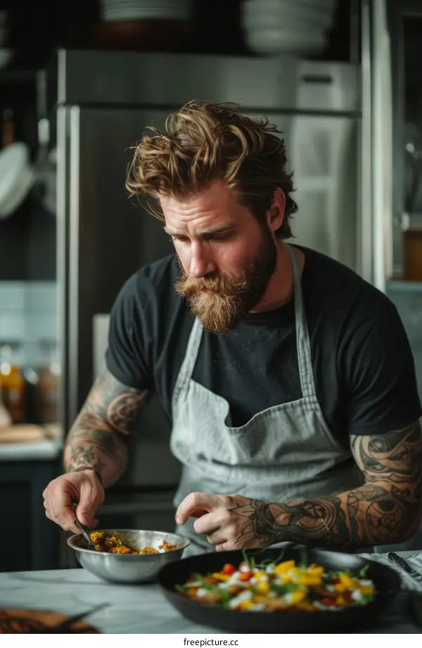 Concentrated male chef tasting food in kitchen