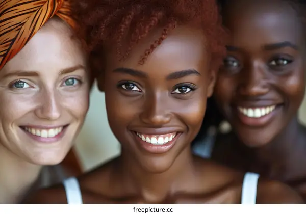 Three beautiful women of different ethnicities smiling at the camera