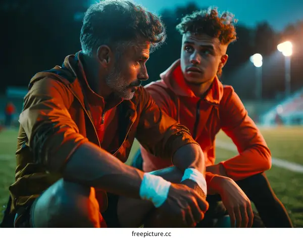 Two men are talking on a soccer field at night.