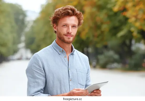 Handsome Caucasian Man Outdoors with Tablet