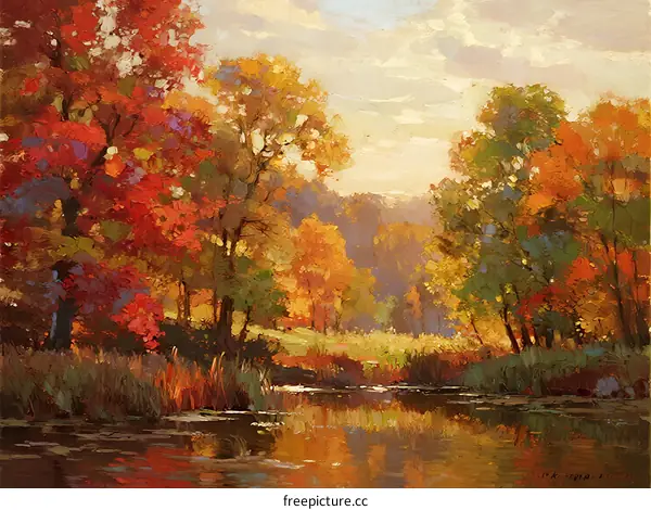 Autumn Scenery with Colorful Trees and Reflective Lake in the Morning