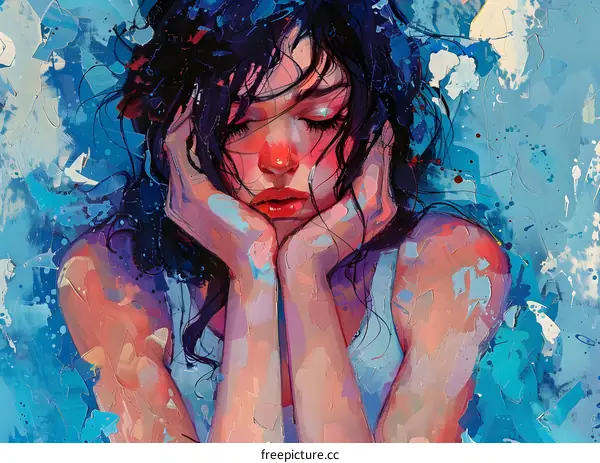 An illustration of a woman with blue hair and red lips holding her head in her hands