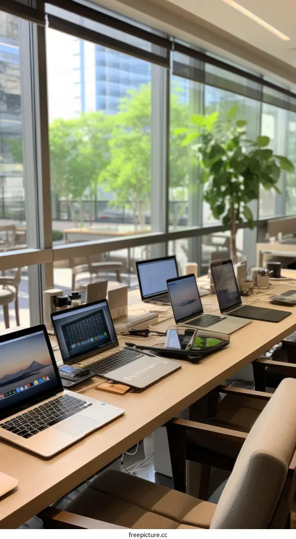 Modern Office Space with Large Windows and a Long Wooden Table