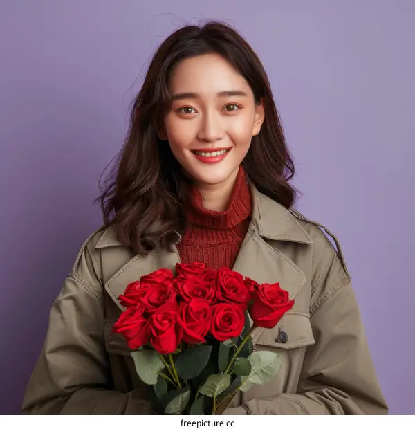 Smiling Asian Woman Holding Red Roses