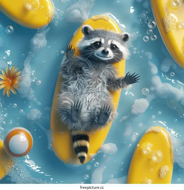 A raccoon floating on a yellow pool float in a sea of bubbles