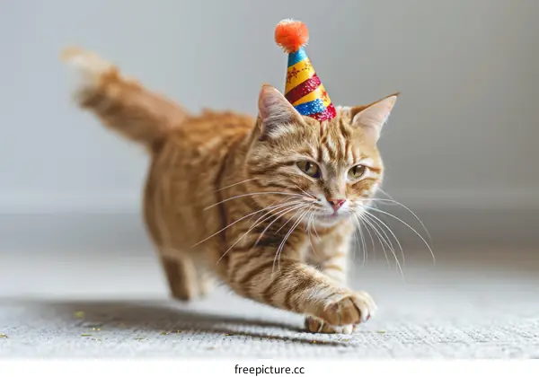 A ginger cat wearing a birthday hat is running