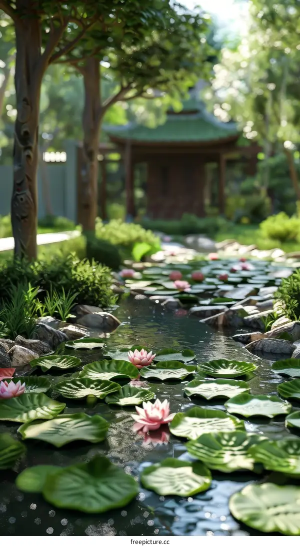 A beautiful pond in a Japanese garden with a traditional pavilion in the background