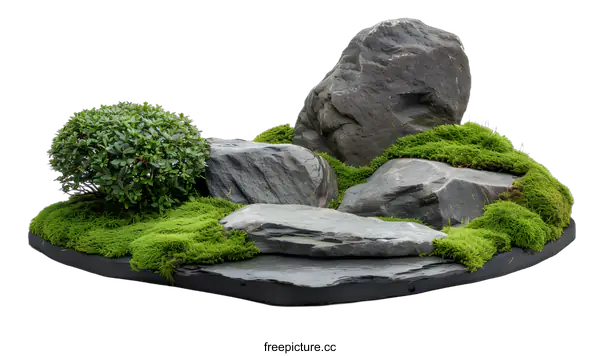 [Transparent Background PNG]Green Moss and Rocks Zen Garden Decoration