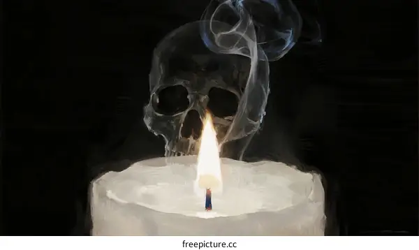 A Lit Candle with Skull Shape Formed by Smoke
