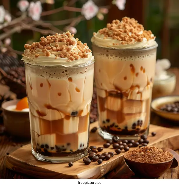 Two glasses of bubble tea with coffee jelly, topped with whipped cream and brown sugar
