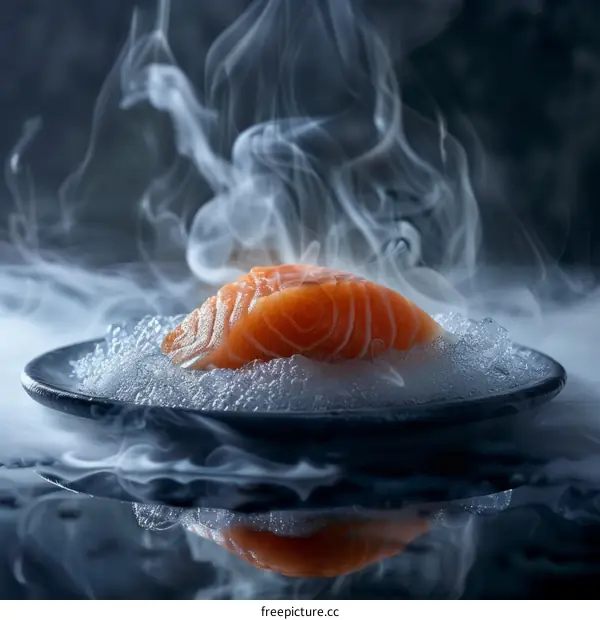 A piece of salmon fillet on a plate with dry ice smoke