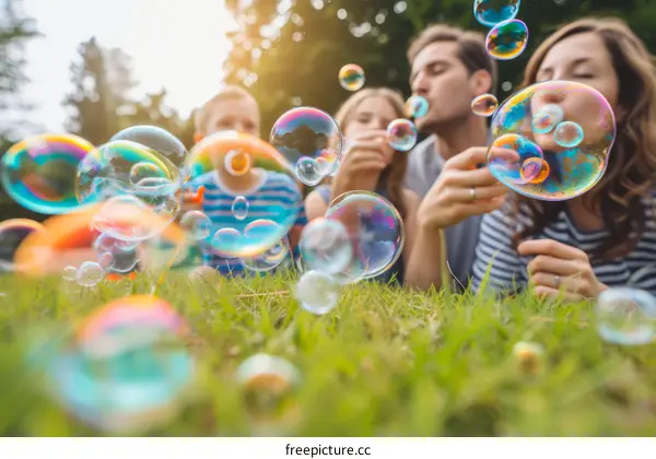Happy family of four blowing bubbles in the park