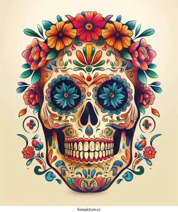 A vibrantly colored illustration of a skull with floral elements