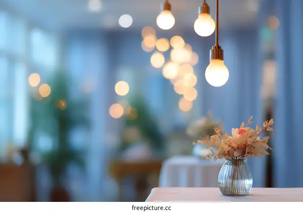 Blurred Interior with Hanging Lights and Flowers