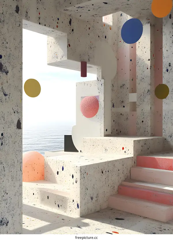 Abstract Geometric Shapes with Colorful Spots and Ocean View