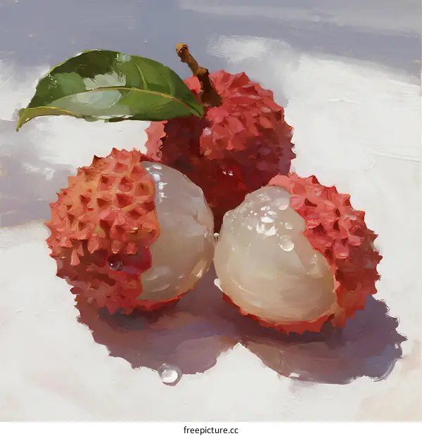 Fresh Lychee Fruits with Leaf and Juicy Flesh Close Up
