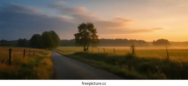 Peaceful country road at sunrise with misty fields and trees