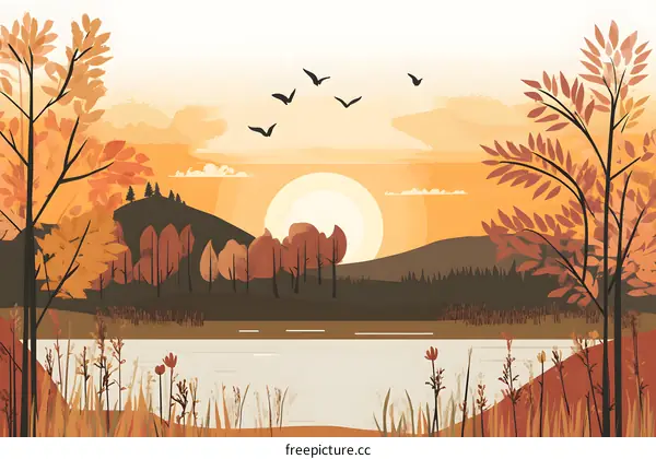 Autumn Landscape Illustration With Lake and Sunset