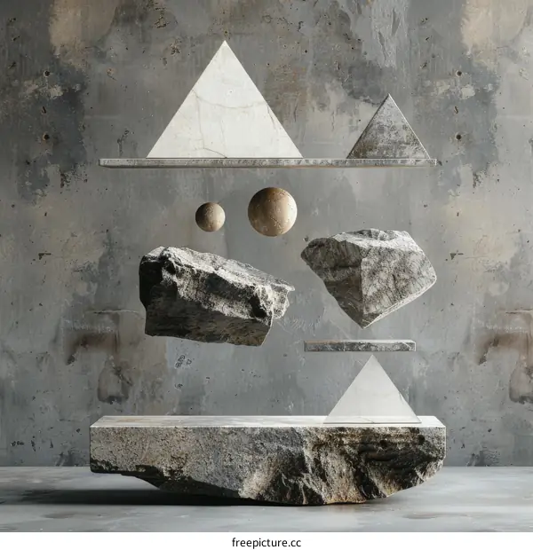 Abstract Still Life: Floating Rocks and Geometric Shapes