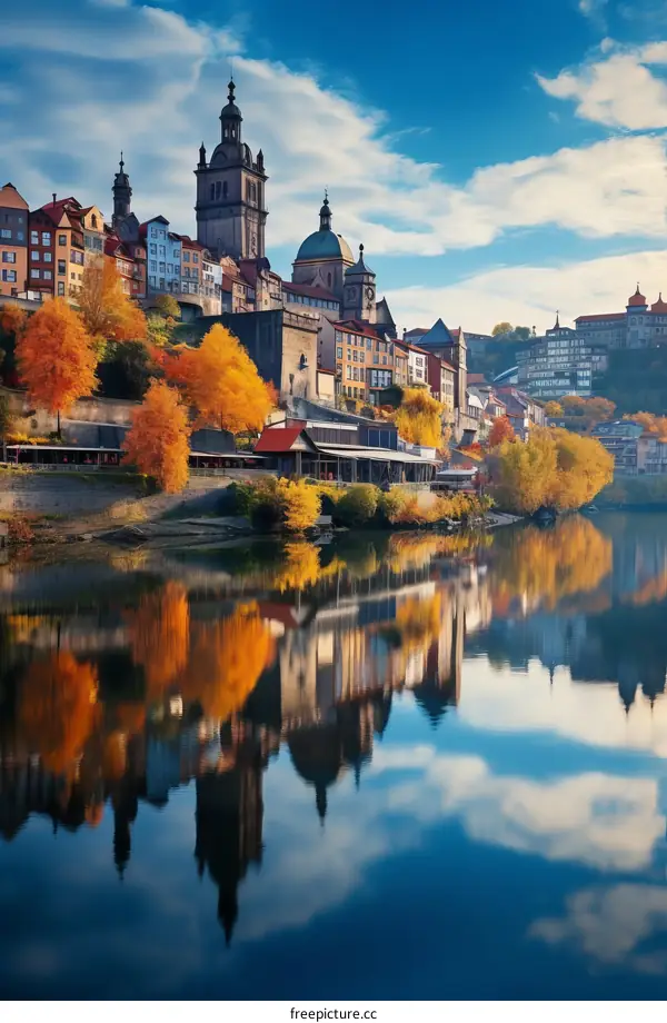 Picturesque Autumn Town on the River