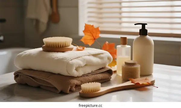 Autumn bathroom with clean towels and bath brushes